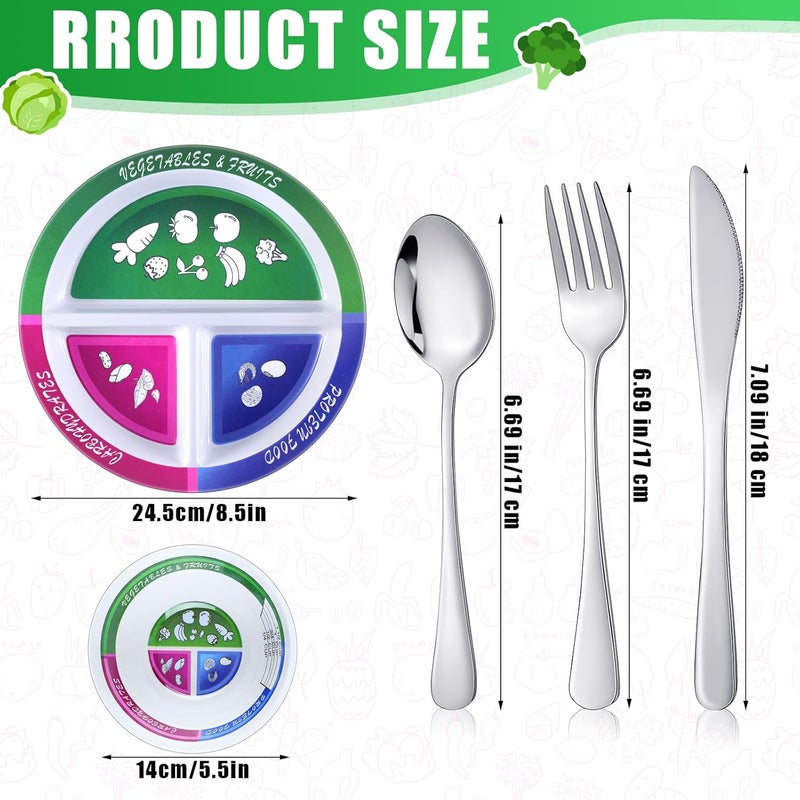 Singhoow 4 Pcs Portion Control Plate Bowls Set with 6 Pcs Stainless Steel Silverware 8.5 Inch Bariatric for Portion Control Divided Diet Bowl for Weight Loss Balanced Eating Adult - Image 2